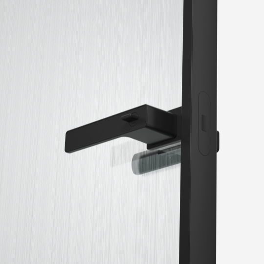 Palanca de puerta exclusiva y minimalista en negro mate para puerta de cristal con marco de aluminio delgado