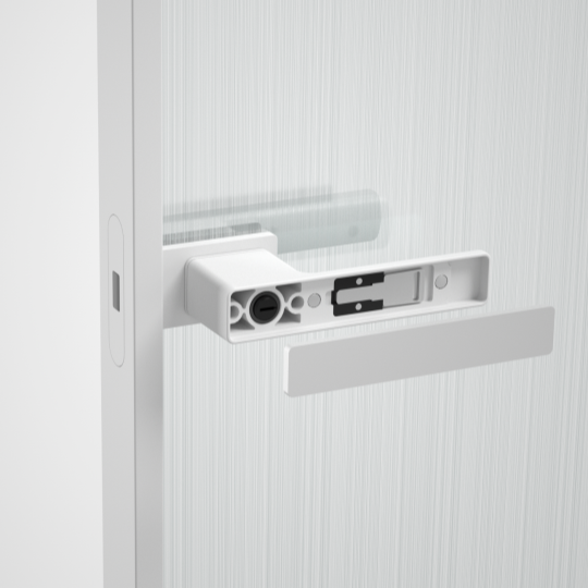 bouton de porte exclusif blanc mat minimaliste pour porte en verre avec cadre en aluminium mince