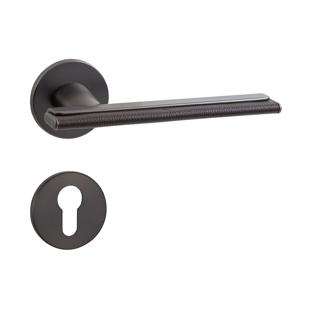 Matt Black Leather Lever Door Handle Kit with Key Escutcheon